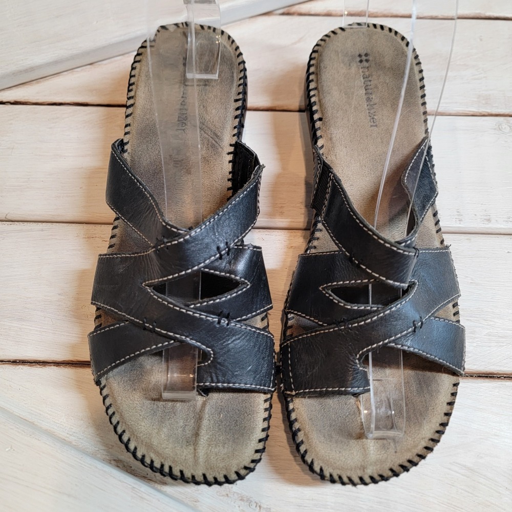 Naturalizer 8 M Black Leather Strappy Toe Sandals Shoes Reader 4 Slides 25292001